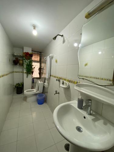 a bathroom with a sink and a mirror and a toilet at Gulshan Inn in Dhaka