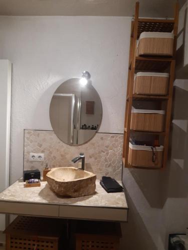 a bathroom with a stone sink and a mirror at Ales Ursula Sokolowski in Zerf