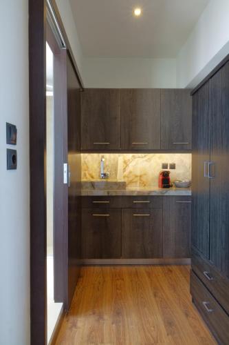a kitchen with wooden cabinets and a sink at The Athens Version Luxury Suites in Athens