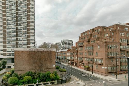 an aerial view of a city with tall buildings at London Central Studios in London