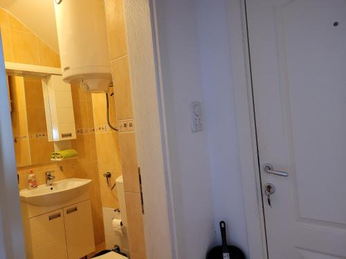 a small bathroom with a sink and a toilet at APARTMANI Emerald Dream in Novi Sad