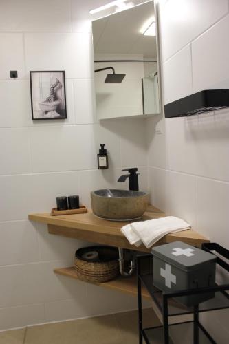 uma casa de banho com um lavatório e um espelho em Ferienwohnung Haerz, Berglodge 08, NEU em Goslar