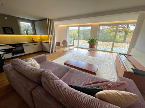 a living room with a couch and a table at SONNENWEG Designwohnung mit Gartenblick in Plauen