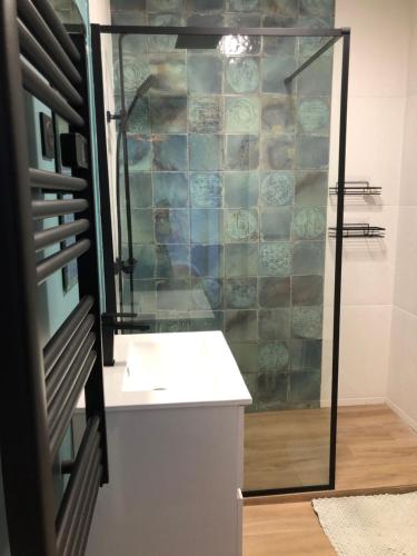 W łazience znajduje się prysznic, umywalka i blat. w obiekcie Adorable Appartement de 60 m2 avec terrasse privée de 100m2 -lumineux - calme et verdure à 10 min de la mer w Cagnes-sur-Mer