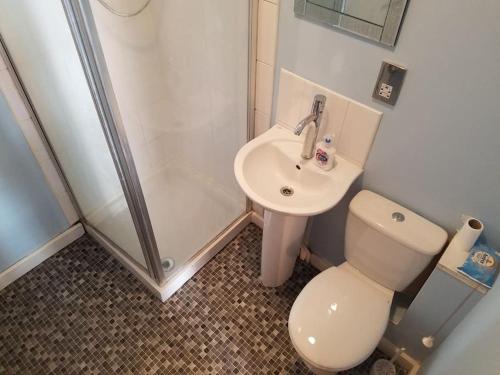 ein Bad mit einem WC, einem Waschbecken und einer Dusche in der Unterkunft Heart of City DE1 Studio Apartment in Derby