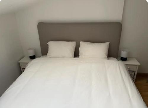 un letto bianco con due cuscini bianchi di Cosy house a Waterloo