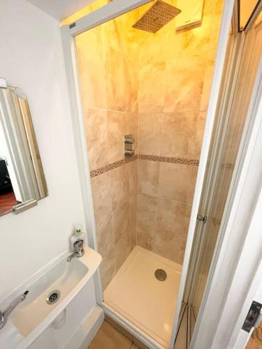 a bathroom with a shower and a sink at Nice and Cosy Studio Flat in Carshalton