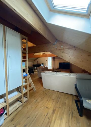 - un salon avec un plafond voûté et un canapé dans l'établissement Gîte Maison Fougères gauche Saint-Prejet, à Saint-Préjet-dʼAllier