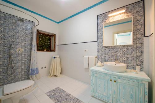 ein Badezimmer mit einem Waschbecken, einem WC und einem Spiegel in der Unterkunft AMORE RENTALS - Casa Barbera A in Positano