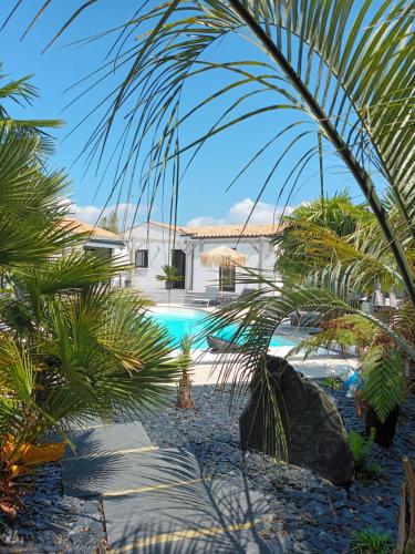 a house with a swimming pool and palm trees at Aix'capade by Aixkeys avec piscine 5 min plages Fouras in Saint-Laurent-de-la-Prée