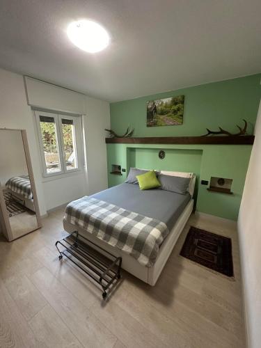 a bedroom with a bed with a green wall at B&B Civico 36 in Tirano