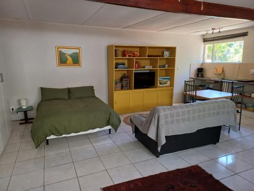 a bedroom with a bed and a television in it at Lemon Tree Cottage Noordhoek in Cape Town