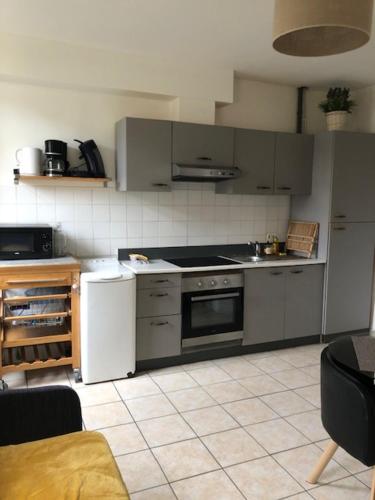 uma cozinha com um fogão e um frigorífico em Maison de ville em Le Petit-Quevilly
