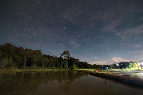 a starry night over a body of water at Labang Guesthouse Bario in Bario