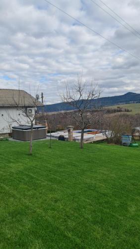 a yard with green grass and a white building at СПА къща за гости Каза Роза - Swiss Style Chalet Casa Rosa SPA Guest House in Kyustendil