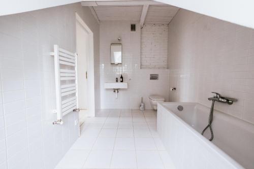 a white bathroom with a tub and a toilet at Dwór Cieszkowskich 