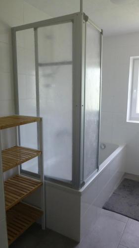 a glass shower stall in a bathroom with a tub at Ferienwohnung Rabennest in Bad Ischl