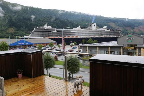 a dog standing on a deck with a cruise ship at Toppleiligheit - Eidsgata 49 in Nordfjordeid