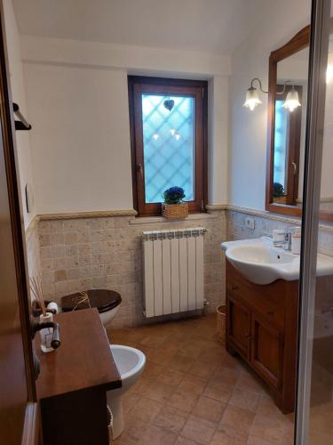bagno con lavandino, servizi igienici e finestra di La Selvarella a Montecchio
