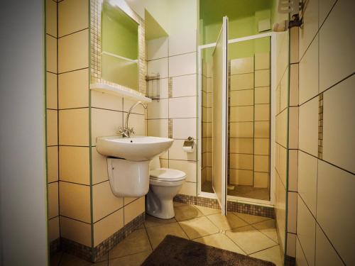 W łazience znajduje się toaleta, umywalka i prysznic. w obiekcie Villa Romano w Kielcach