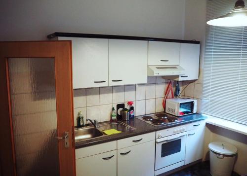 een keuken met witte kasten en een wastafel bij NÜRNBERG Monteurwohnung in Neurenberg