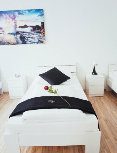 een wit bed in een witte kamer met een foto aan de muur bij NÜRNBERG Monteurwohnung in Neurenberg