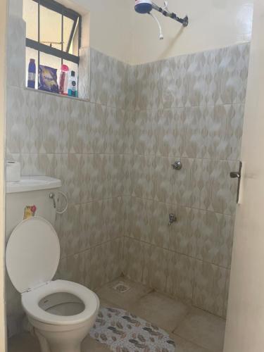 a small bathroom with a toilet and a shower at SNOWHAVEN BnB Kitengela in Kitengela 