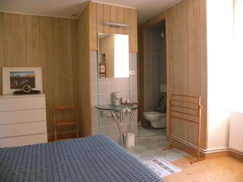 a bedroom with a bed and a sink and a toilet at Domaine de Pré Rond in La Faurie