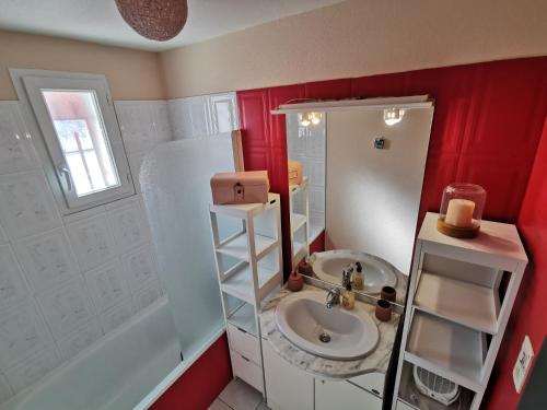a small bathroom with a sink and a mirror at Petite maison cosy 4 couchages à 700 m de la plage in Torreilles