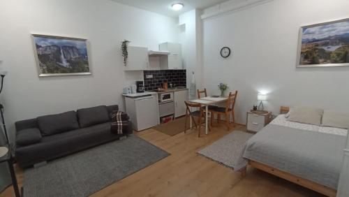 a living room with a bed and a kitchen at M&M Apartment Budapest House in Budapest