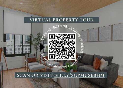 a virtual property tour of a living room at NEW Downtown Retreat l KING BED & Queen Sofa Bed l Gym l Park FREE! in Birmingham