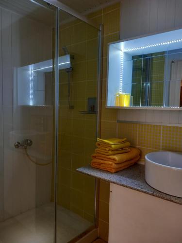 a bathroom with a glass shower and a sink at Villa Mancina in Capesterre-Belle-Eau