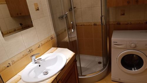 a bathroom with a sink and a washing machine at Apartament Radzikowskiego in Krakow