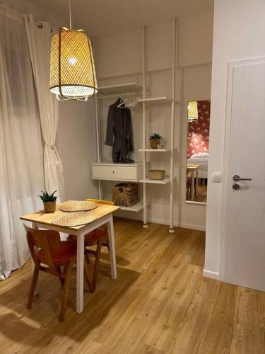 ein Esszimmer mit einem Tisch und einem Stuhl sowie ein Zimmer in der Unterkunft Magnolia Studio in Radomlje