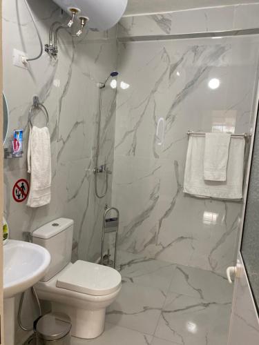 a bathroom with a shower and a toilet and a sink at Aron’s House in Krujë