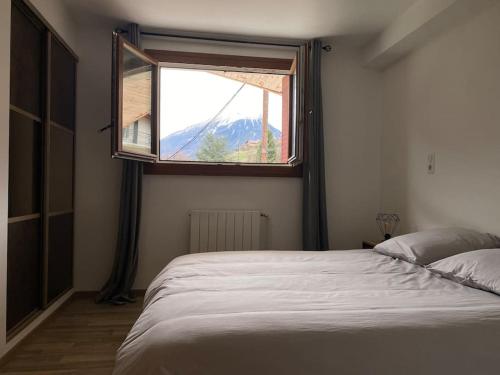 a bedroom with a large bed and a window at Appartement au pied des cols in Saint-Jean-de-Maurienne