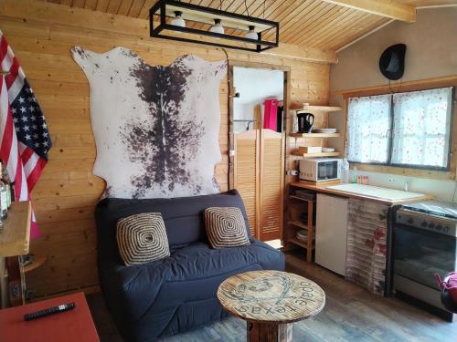 ein Wohnzimmer mit einem Sofa und einer Küche in der Unterkunft Chalet Opale Texas in Hermelinghen