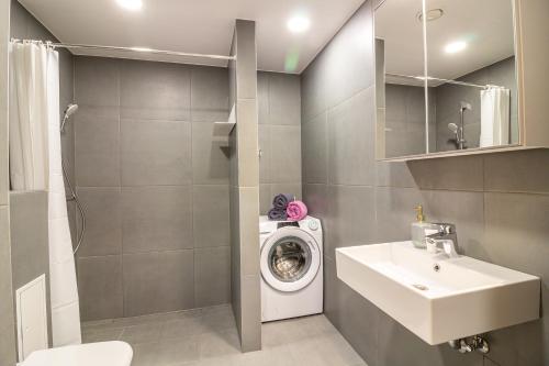 La salle de bains est pourvue d'un lave-linge et d'un lavabo. dans l'établissement Riia 22 Kesklinna Apartment, à Tartu