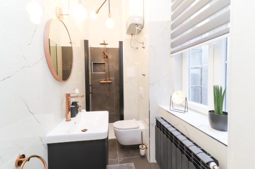 ein Badezimmer mit einem Waschbecken, einem WC und einem Spiegel in der Unterkunft Luxury Suite Rijeka Center in Rijeka