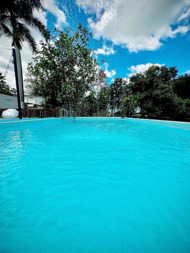 a large blue swimming pool with a palm tree at EcoMar Rentals in Cabo Rojo