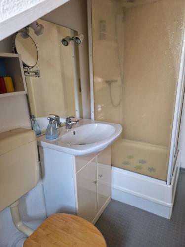ein Bad mit einem Waschbecken und einer Dusche in der Unterkunft Gästezimmer John in Weimar