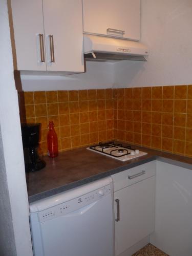 Il comprend une petite cuisine équipée d'une cuisinière et de placards blancs. dans l'établissement a l'ombre des micocouliers, à Sorède