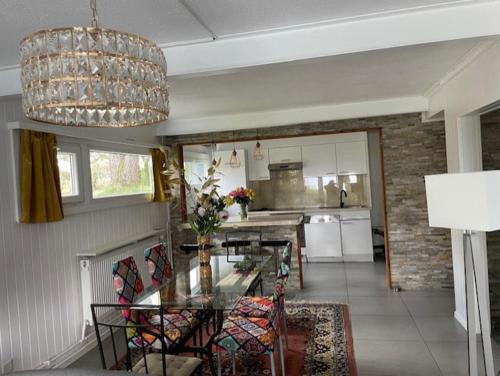 sala de estar con mesa de cristal y cocina en Chez Rémy, en Yverdon-les-Bains