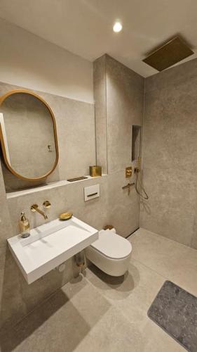 La salle de bains est pourvue de toilettes, d'un lavabo et d'un miroir. dans l'établissement UG Neubau City Wohnung (Pool+Gym extra buchbar für €150/Tag), à Munich