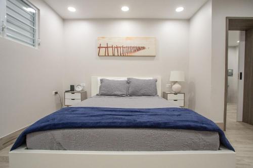een slaapkamer met een groot bed en een blauwe deken bij EcoMar Rentals in Cabo Rojo
