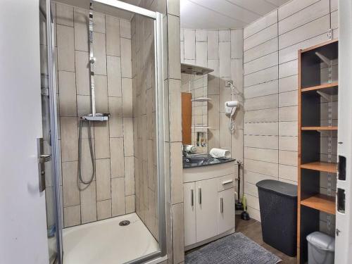 uma casa de banho com um chuveiro e um lavatório. em Le Cosy Wiener *Paris*Gare à 300 m*Disneyland* em Champs-Sur-Marne