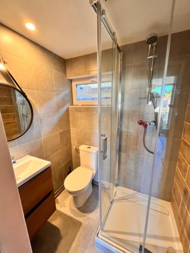 une salle de bain avec toilettes et douche dans l'établissement Appartement cosy à 100 m de la plage ac vue sur mer, à Valras-Plage