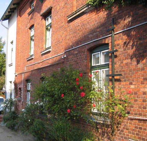 un bâtiment en briques avec un bush et des roses rouges dans l'établissement Schott bei Vergin GM 69802, à Graal-Müritz