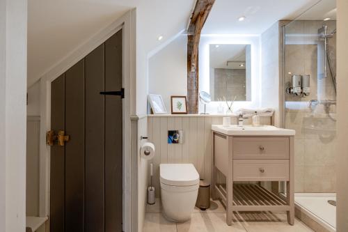 a bathroom with a toilet and a sink and a tub at Oak Tree Hideaway in Whitchurch