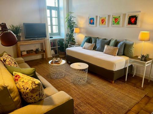 uma sala de estar com um sofá e uma televisão em Aegina Town Home em Egina